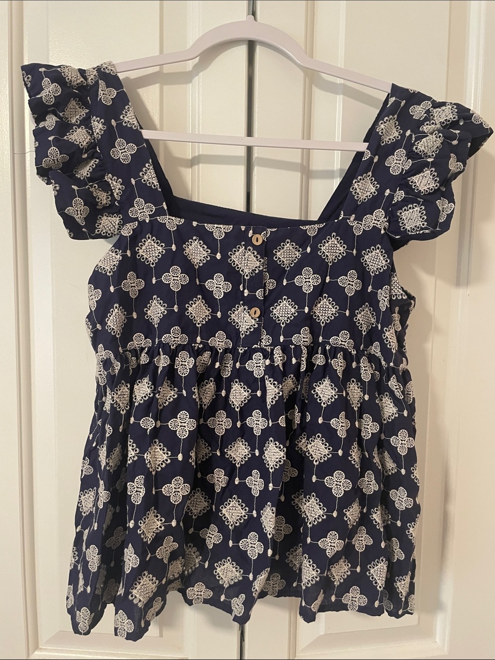 THML Navy Blue and White Embroidered Square-Neck Ruffle Sleeve Top